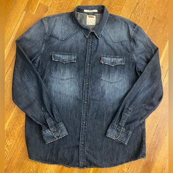Levi’s Denim Shirt Mens XXL Modern Fit Western Pearl Snap Long Sleeve Indigo - Picture 1 of 10